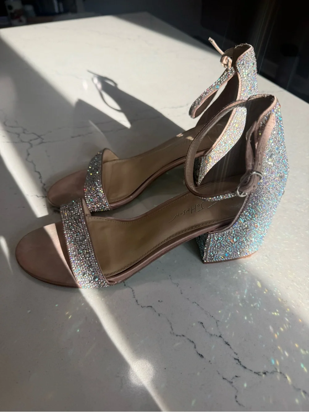 Betsey Johnson Beige Rhinestone Ankle Strap Block Heel Sandals Women's 8.5
